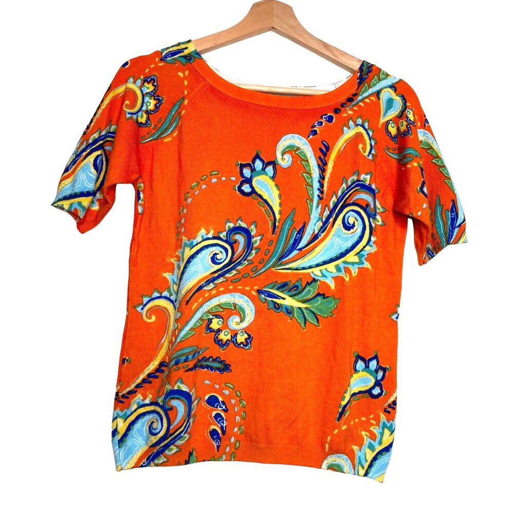 Joseph A  Womens Pullover Sweater Size Small Orange Floral Paisley Short Sleeve